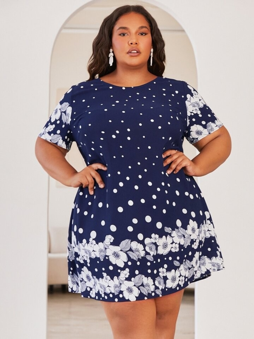 SHEIN CURVE+ Plus Polka Dot & Floral Print Tunic Dress 2XL